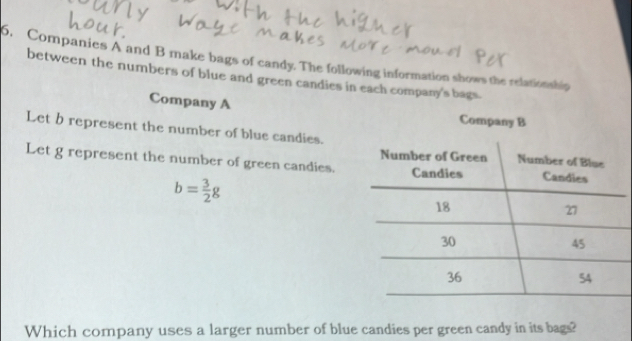 6, Companies A and B make bags of candy. The following information shows the relationship 
between the numbers of blue and green candies in each company's bags. 
Company A 
Company 
Let b represent the number of blue candies. 
Let g represent the number of green candies.
b= 3/2 g
Which company uses a larger number of blue candies per green candy in its bags?