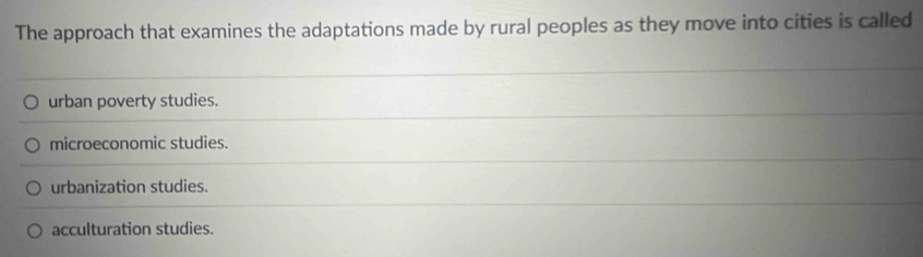 The approach that examines the adaptations made by rural peoples as they move into cities is called
urban poverty studies.
microeconomic studies.
urbanization studies.
acculturation studies.