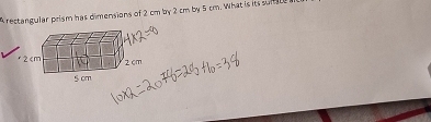 A rectangular prism has dimensions of 2 cm by 2 cm by 5 cm. What is its sum