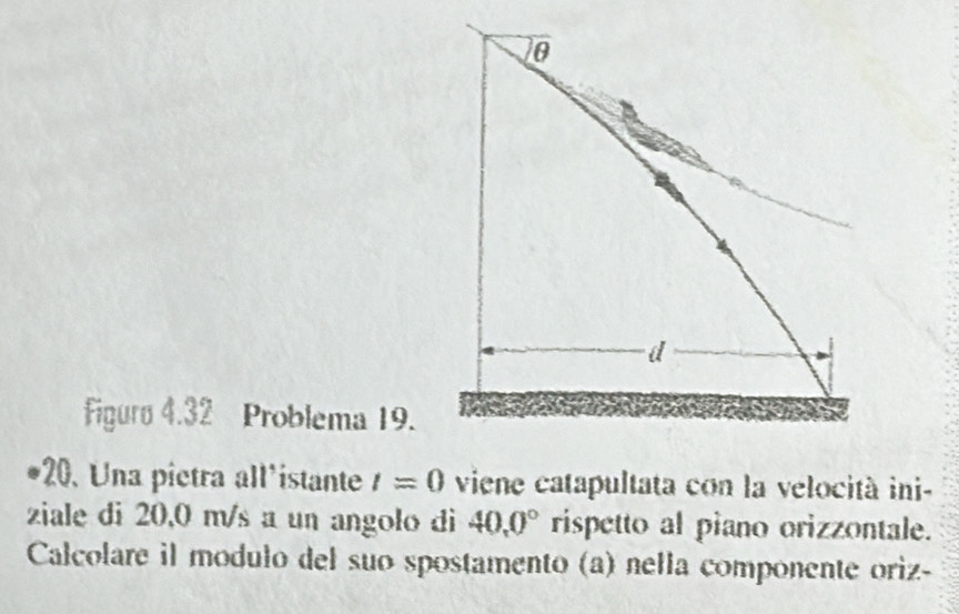 θ 
d 
Figuro 4.32 Problema 19. 
20. Una pietra all'istante t=0 viene catapultata con la velocità ini- 
ziale di 20,0 m/s a un angolo di 40, 0° rispetto al piano orizzontale. 
Calcolare il modulo del suo spostamento (a) nella componente oriz-