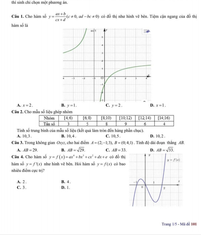 thí sinh chỉ chọn một phương án.
Câu 1. Cho hàm số y= (ax+b)/cx+d (c!= 0,ad-bc!= 0) có đồ thị như hình vẽ bên. Tiệm cận ngang của dhat O thị
hàm số là
A. x=2. B. y=1. C. y=2. D. x=1.
Câu 2. Cho mẫu số liệu ghép nhóm
Tính số trung bình của mẫu số liệu (kết quả làm tròn đến hàng phần chục).
A. 10, 3 . B. 10, 4 . C. 10, 5 . D. 10, 2 .
Câu 3. Trong không gian Oxyz, cho hai điểm A=(2;-1;3),B=(0;4;1). Tính độ dài đoạn thắng AB.
A. AB=29. B. AB=sqrt(29). C. AB=33. D. AB=sqrt(33).
Câu 4. Cho hàm số y=f(x)=ax^4+bx^3+cx^2+dx+e có đồ thị
hàm số y=f'(x) như hình vẽ bên. Hỏi hàm số y=f(x) có bao
nhiêu điểm cực trị?
A. 2 . B. 4 .
C. 3 . D. 1. 
Trang 1/5 - Mã đề 101