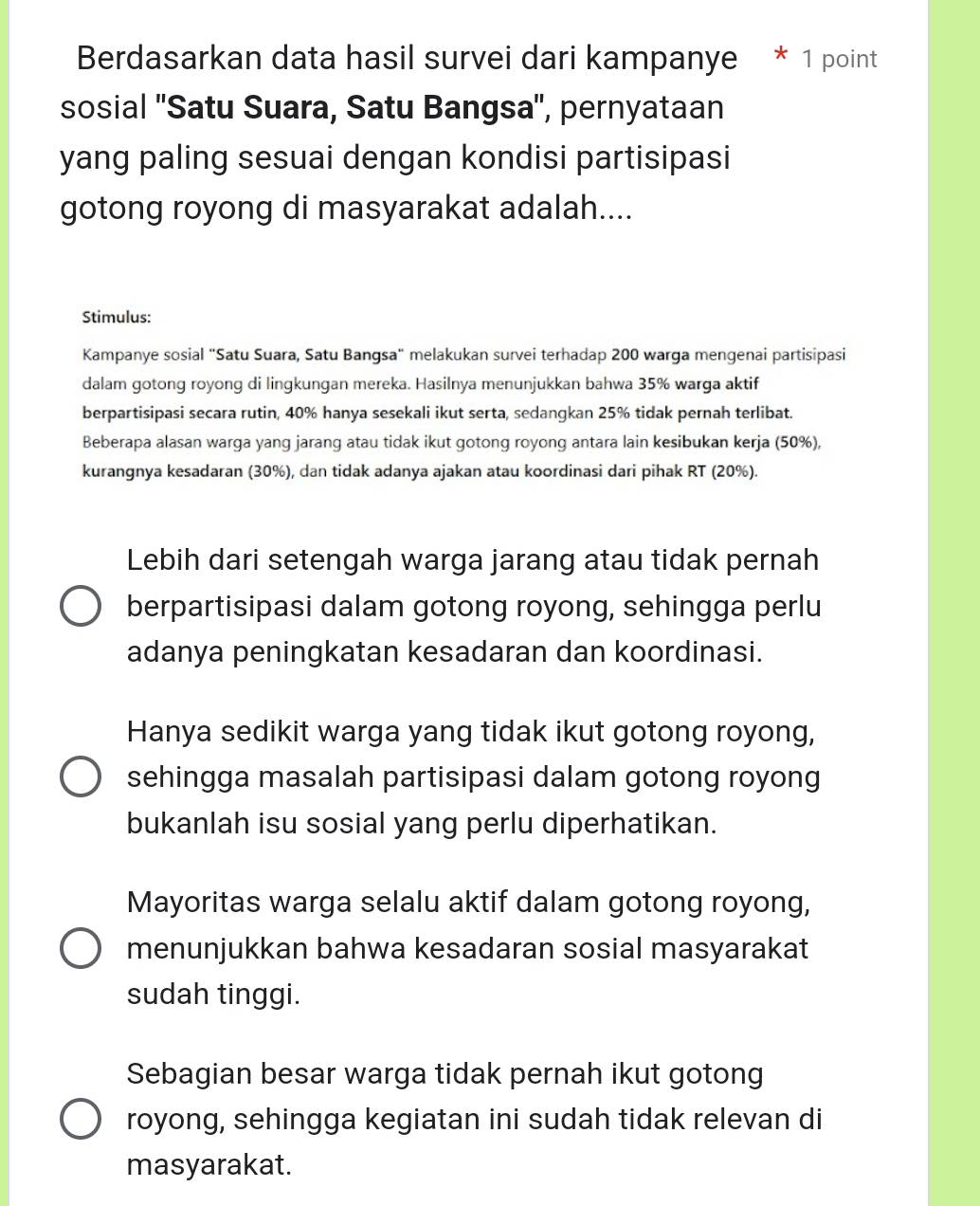 Berdasarkan data hasil survei dari kampanye * 1 point
sosial ''Satu Suara, Satu Bangsa'', pernyataan
yang paling sesuai dengan kondisi partisipasi
gotong royong di masyarakat adalah....
Stimulus:
Kampanye sosial "Satu Suara, Satu Bangsa" melakukan survei terhadap 200 warga mengenai partisipasi
dalam gotong royong di lingkungan mereka. Hasilnya menunjukkan bahwa 35% warga aktif
berpartisipasi secara rutin, 40% hanya sesekali ikut serta, sedangkan 25% tidak pernah terlibat.
Beberapa alasan warga yang jarang atau tidak ikut gotong royong antara lain kesibukan kerja (50%),
kurangnya kesadaran (30%), dan tidak adanya ajakan atau koordinasi dari pihak RT (20%).
Lebih dari setengah warga jarang atau tidak pernah
berpartisipasi dalam gotong royong, sehingga perlu
adanya peningkatan kesadaran dan koordinasi.
Hanya sedikit warga yang tidak ikut gotong royong,
sehingga masalah partisipasi dalam gotong royong
bukanlah isu sosial yang perlu diperhatikan.
Mayoritas warga selalu aktif dalam gotong royong,
menunjukkan bahwa kesadaran sosial masyarakat
sudah tinggi.
Sebagian besar warga tidak pernah ikut gotong
royong, sehingga kegiatan ini sudah tidak relevan di
masyarakat.