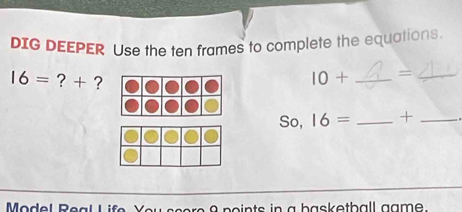 DIG DEEPER Use the ten frames to complete the equations.
16= ? + ? 10+ _ 
_ 
So, 16= _+_ 
Model Real Life You scere 8 points in a basketball game.