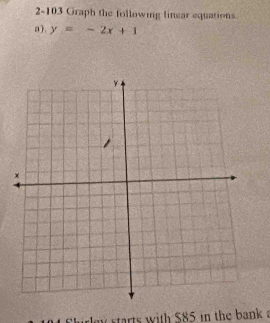 2-103 Graph the following linear equations 
a). y=-2x+1
starts with $85 in the bank a