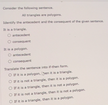 Solved: Consider the following sentence. All triangles are polygons ...