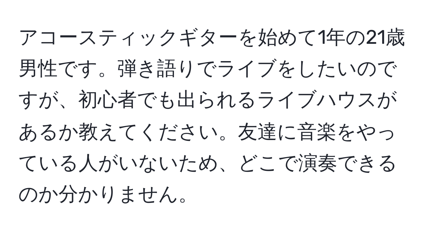 アコースティックギターを始めて1年の21歳男性です。弾き語りでライブをしたいのですが、初心者でも出られるライブハウスがあるか教えてください。友達に音楽をやっている人がいないため、どこで演奏できるのか分かりません。