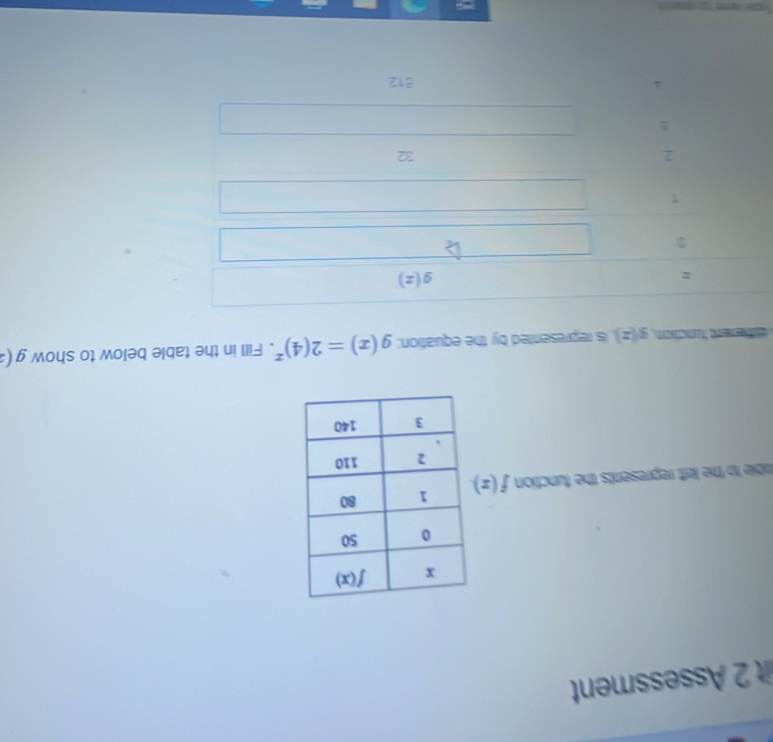 it 2 Assessment
table to the left represents the function. f(x)
öfflerent Nuncion g(z) , is represented by the equation: g(x)=2(4)^x. Fill in the table below to show g(
=
g(x)
D
7
32
512