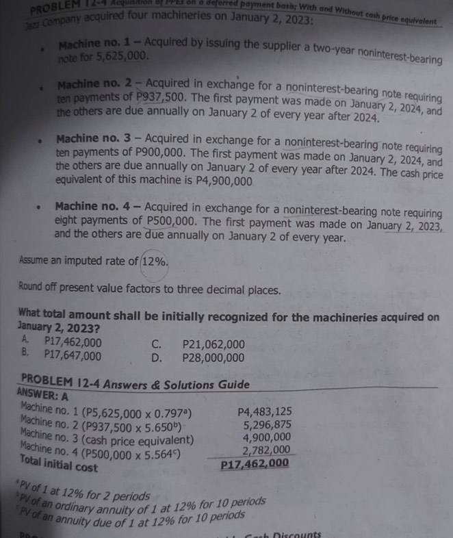 PROBLEM 12-9 Acquisition of 192s on a deferred payment basis; With and Without cash price equivalent
Jazz Company acquired four machineries on January 2, 2023:
Machine no. 1 — Acquired by issuing the supplier a two-year noninterest-bearing
note for 5,625,000.
. Machine no. 2 - Acquired in exchange for a noninterest-bearing note requiring
ten payments of P937,500. The first payment was made on January 2, 2024, and
the others are due annually on January 2 of every year after 2024.
。 Machine no. 3 - Acquired in exchange for a noninterest-bearing note requiring
ten payments of P900,000. The first payment was made on January 2, 2024, and
the others are due annually on January 2 of every year after 2024. The cash price
equivalent of this machine is P4,900,000
. Machine no. 4 — Acquired in exchange for a noninterest-bearing note requiring
eight payments of P500,000. The first payment was made on January 2, 2023,
and the others are due annually on January 2 of every year.
Assume an imputed rate of 12%.
Round off present value factors to three decimal places.
What total amount shall be initially recognized for the machineries acquired on
January 2, 2023?
A. P17,462,000 C. P21,062,000
B. P17,647,000 D. P28,000,000
PROBLEM 12-4 Answers & Solutions Guide
ANSWER: A
Machine no. 1 (P5,625,000* 0.797^a) D4  
Machine no. 2 (P937,500* 5.650^b)
Machine no. 3 (cash price equivalent) beginarrayr 5,296,875 4,900,000 2,782,000 hline P17,462,000endarray
Machine no. 4 4(P500,000* 5.564^c)
Total initial cost
*PV of 1 at 12% for 2 periods
*PV of an ordinary annuity of 1 at 12% for 10 periods
PV of an annuity due of 1 at 12% for 10 periods
D isc ounts