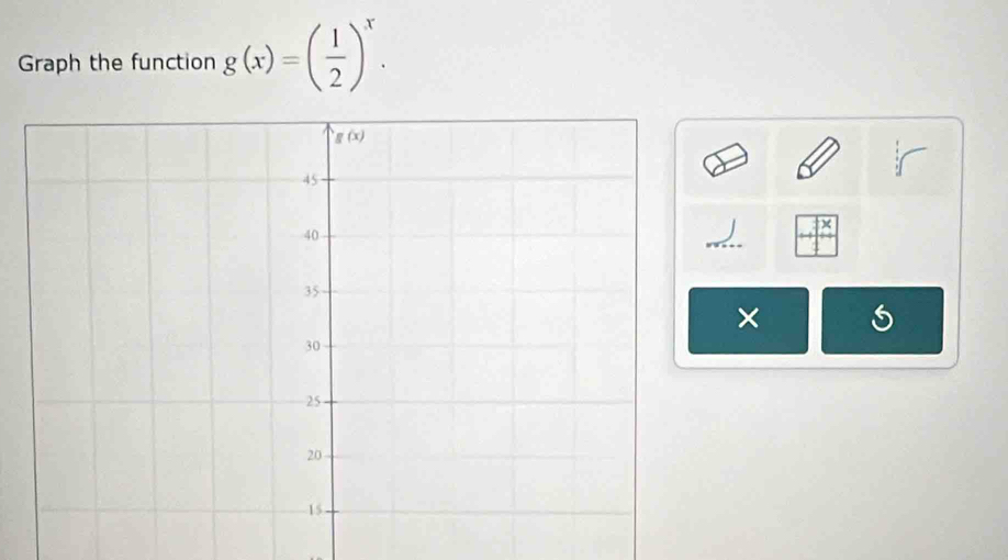 Graph the function g(x)=( 1/2 )^x.
×