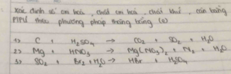xoc dinh aó on heà, chúi cni heá, chái thu, càn bāng 
pipu thee placing phap thoing bing (e) 
42 C+H_2SO_4to CO_2+SO_2+H_2O
22 Mg+HNO_3to Mg(NO_3)_2+N_2+H_2O
32 SO_2+Br_2+H_2Oto HBr H_2SO_4