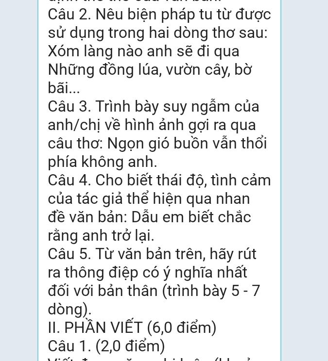 Nêu biện pháp tu từ được 
sử dụng trong hai dòng thơ sau: 
Xóm làng nào anh sẽ đi qua 
Những đồng lúa, vườn cây, bờ 
bãi... 
Câu 3. Trình bày suy ngẫm của 
anh/chị về hình ảnh gợi ra qua 
câu thơ: Ngọn gió buồn vẫn thổi 
phía không anh. 
Câu 4. Cho biết thái độ, tình cảm 
của tác giả thể hiện qua nhan 
đề văn bản: Dẫu em biết chắc 
rằng anh trở lại. 
Câu 5. Từ văn bản trên, hãy rút 
ra thông điệp có ý nghĩa nhất 
đối với bản thân (trình bày 5-7
dòng). 
II. PHÃN VIẾT (6,0 điểm) 
Câu 1. (2,0 điểm)