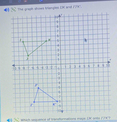 Solved: The graph shows triangles IJK and I'J'K'. Which sequence of ...