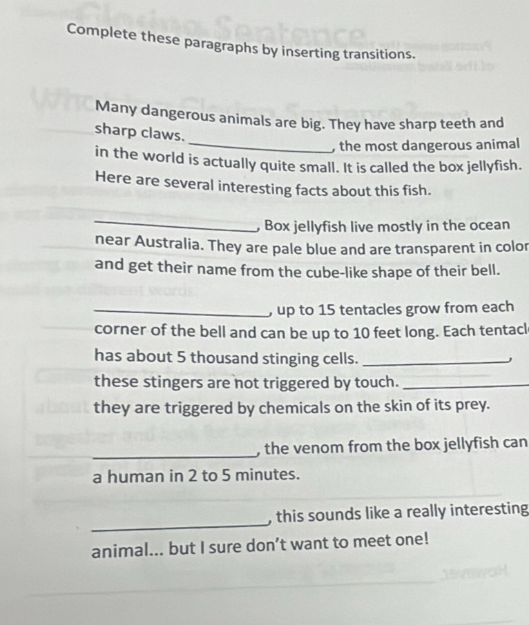 Complete these paragraphs by inserting transitions. 
Many dangerous animals are big. They have sharp teeth and 
sharp claws. 
_, the most dangerous animal 
in the world is actually quite small. It is called the box jellyfish. 
Here are several interesting facts about this fish. 
_ 
, Box jellyfish live mostly in the ocean 
near Australia. They are pale blue and are transparent in color 
and get their name from the cube-like shape of their bell. 
_, up to 15 tentacles grow from each 
corner of the bell and can be up to 10 feet long. Each tentacl 
has about 5 thousand stinging cells._ 
these stingers are not triggered by touch._ 
they are triggered by chemicals on the skin of its prey. 
_ 
, the venom from the box jellyfish can 
a human in 2 to 5 minutes. 
_ 
, this sounds like a really interesting 
animal... but I sure don’t want to meet one!