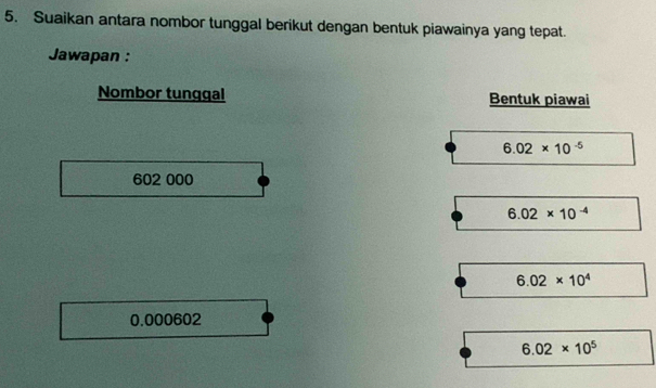 Suaikan antara nombor tunggal berikut dengan bentuk piawainya yang tepat. 
Jawapan : 
Nombor tunggal Bentuk piawai
6.02* 10^(-5)
602 000
6.02* 10^(-4)
6.02* 10^4
0.000602
6.02* 10^5