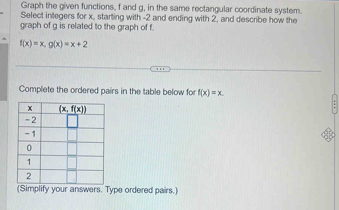 Graph the given functions, f and g, in the same rectangular coordinate system.
Select integers for x, starting with -2 and ending with 2, and describe how the
graph of g is related to the graph of f.
f(x)=x,g(x)=x+2
Complete the ordered pairs in the table below for f(x)=x.
][
(Simplify your answers. Type ordered pairs.)