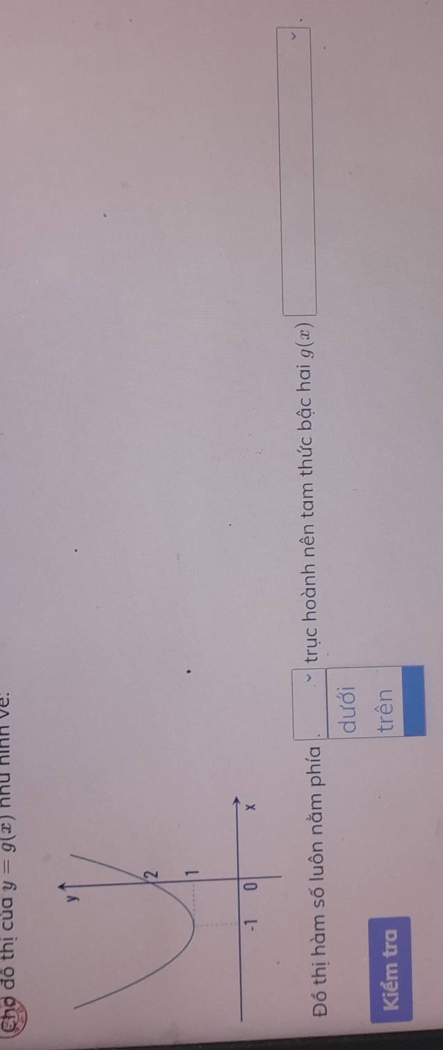 Chợ đô thị của y=g(x) như nình về. 
Đố thị hàm số luôn nằm phía □ trục hoành nên tam thức bậc hai g(x)□. 
dưới 
Kiểm tra trên