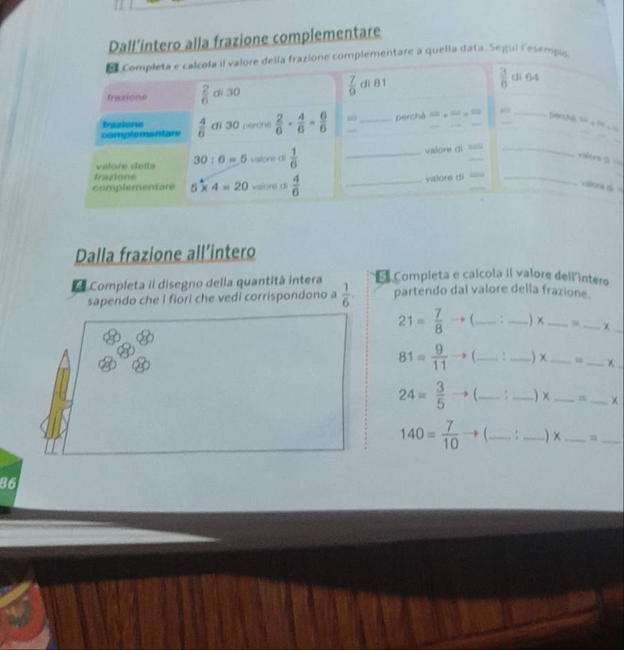 Dall’intero alla frazione complementare 
Completa e calcola il valore della frazione complementare a quella data. Segui lesempio, 
frazione  2/6  di 30  7/9  di 81
 3/8  di 64
_ 
perché = = 
fraione 
complementare  4/6  di 30 perchó  2/6 ·  4/6 = 6/6  __perché = = 
valore della 30:6=6 valore di  1/6  _valore di 
_ 
=tr 
frazione 
complementare 5* 4=20 valore di  4/6  _valore di_ 
= inea d = 
Dalla frazione all’intero 
Completa il disegno della quantitâ intera E Completa e calcola il valore dell'intero 
sapendo che i fiori che vedi corrispondono a  1/6 . partendo dal valore della frazione.
21= 7/8  _ _. ) x _m _χ_
81= 9/11  ( __.) x_  = _ χ
24= 3/5 . _: _) x _=_
140= 7/10  C_ _.) x_ 
_ 
86