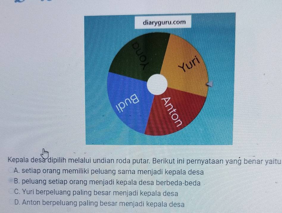 Kepala desa dipilih melalui undian roda putar. Berikut ini pernyataan yang benar yaitu
A. setiap orang memiliki peluang sama menjadi kepala desa
B. peluang setiap orang menjadi kepala desa berbeda-beda
C. Yuri berpeluang paling besar menjadi kepala desa
D. Anton berpeluang paling besar menjadi kepala desa