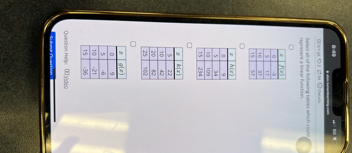 8:49., 5G
● ohm.lumenlearning.com
0/1 pt つ2$99 Details
Select all of the following tables which could
represent a linear function.
Question Help:  Video
Submit Question