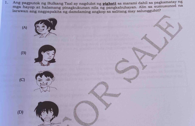 Ang pagputok ng Bulkang Taal ay nagdulot ng pighati sa marami dahil sa pagkamatay ng
mga hayop at halamang pinagkukunan nila ng pangkabuhayan. Alin sa sumusunod na
larawan ang nagpapakita ng damdaming angkop sa salitang may salungguhit?
(A)
(B)
(C)
(D)