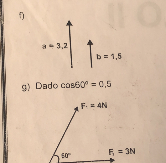 a=3,2
b=1,5
g) Dado cos 60°=0,5
F_1=4N
60°
F_2=3N