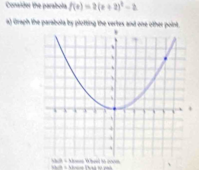 Consider the parabola f(x)=2(x+2)^2-2
a) Graph the parabola by plotting the vertex and one other point. 
ft = Monse Wheel 15 2o0m