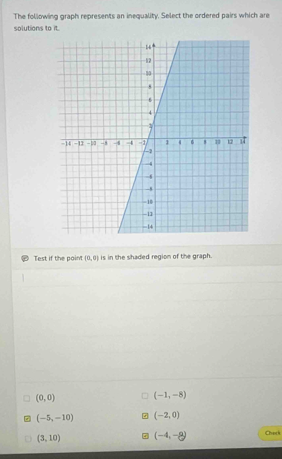 The following graph represents an inequality, Select the ordered pairs which are
solutions to it.
Test if the point (0,0) is in the shaded region of the graph.
(0,0)
(-1,-8)
(-5,-10)
(-2,0)
(3,10)
(-4,-2)
Check