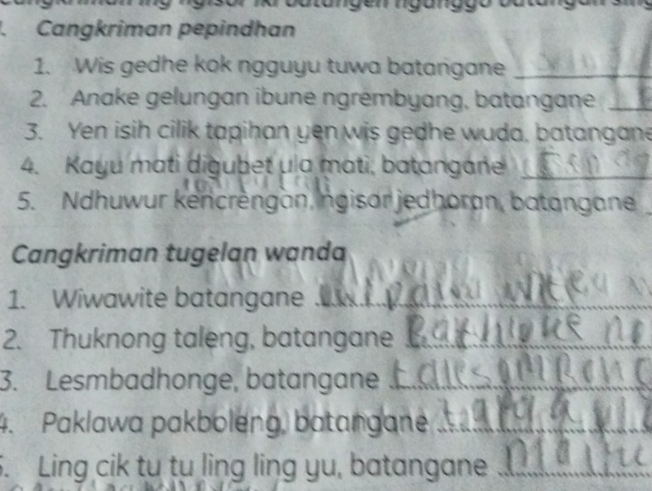 Cangkriman pepindhan 
1. Wis gedhe kok ngguyu tuwa batangane_ 
2. Anake gelungan ibune ngrémbyang, batangane_ 
3. Yen isih cilik tapihan yen wis gedhe wuda, batangane 
4. Kayu mati digubet ula mati, batangane _ 
5. Ndhuwur kencrengan, ngisor jedhoran, batangane 
Cangkriman tugelan wanda 
1. Wiwawite batangane_ 
2. Thuknong taleng, batangane_ 
3. Lesmbadhonge, batangane_ 
4. Paklawa pakboleng, batangane._ 
5. Ling cik tu tu ling ling yu, batangane_