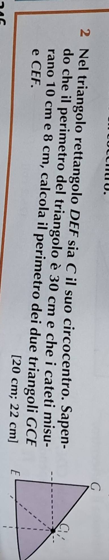 Nel triangolo rettangolo DEF sia C il suo circocentro. Sapen- 
do che il perimetro del triangolo è 30 cm e che i cateti misu- 
rano 10 cm e 8 cm, calcola il perimetro dei due triangoli GCE 
e CEF. 
[ 20 cm; 22 cm ]