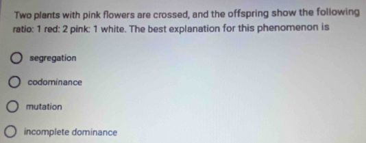 Two plants with pink flowers are crossed, and the offspring show the following
ratio: 1 red: 2 pink: 1 white. The best explanation for this phenomenon is
segregation
codominance
mutation
incomplete dominance