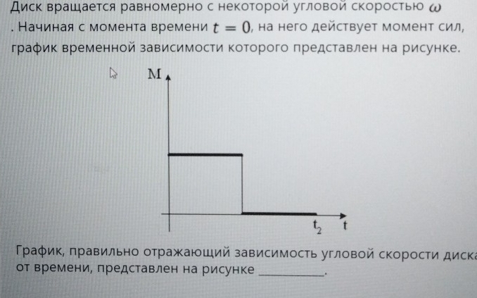 Диск врашается равномерно с некоторой угловой скоростью ω 
. Начиная с момента времени t=0 , на него действует моменΤ сил, 
график временной зависимости Κоторого πредставлен на рисунке.
M
t_2 t
Τρаφик, πравильно отражаюший зависимость угловой скорости диске 
от времени, представлен на рисунке _,