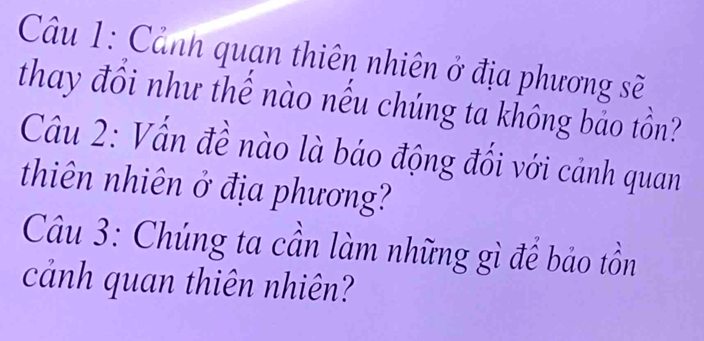 Cảnh quan thiên nhiên ở địa phương sẽ 
thay đổi như thế nào nếu chúng ta không bảo tồn? 
Câu 2: Vấn đề nào là báo động đối với cảnh quan 
thiên nhiên ở địa phương? 
Câu 3: Chúng ta cần làm những gì để bảo tồn 
cảnh quan thiên nhiên?