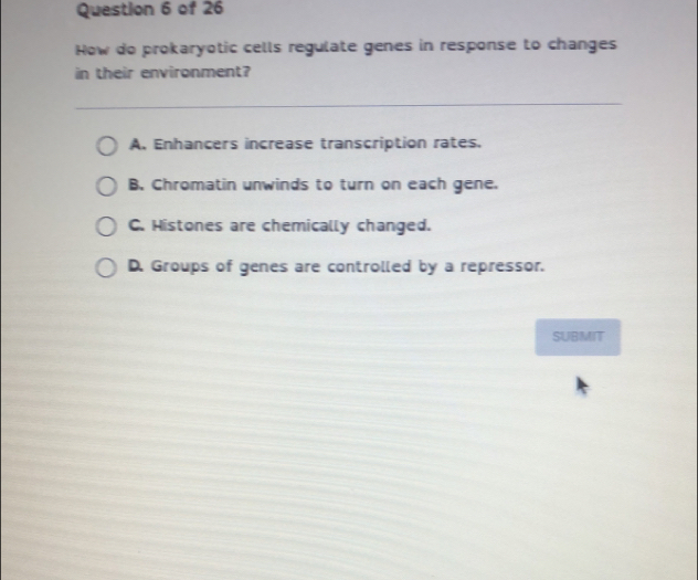 How do prokaryotic cells regulate genes in response to changes
in their environment?
_
A. Enhancers increase transcription rates.
B. Chromatin unwinds to turn on each gene.
C. Histones are chemically changed.
D. Groups of genes are controlled by a repressor.
SUBMIT