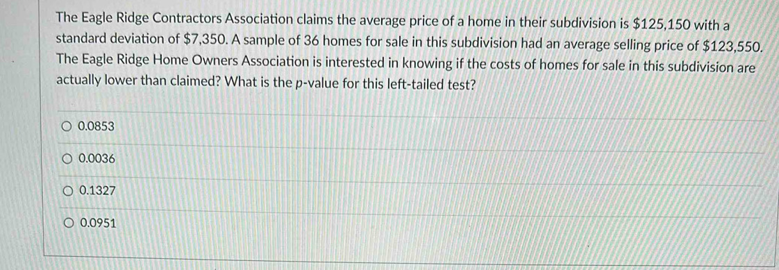 The Eagle Ridge Contractors Association claims the average price of a home in their subdivision is $125,150 with a
standard deviation of $7,350. A sample of 36 homes for sale in this subdivision had an average selling price of $123,550.
The Eagle Ridge Home Owners Association is interested in knowing if the costs of homes for sale in this subdivision are
actually lower than claimed? What is the p -value for this left-tailed test?
0.0853
0.0036
0.1327
0.0951