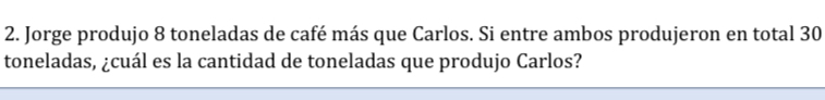 Jorge produjo 8 toneladas de café más que Carlos. Si entre ambos produjeron en total 30
toneladas, ¿cuál es la cantidad de toneladas que produjo Carlos?