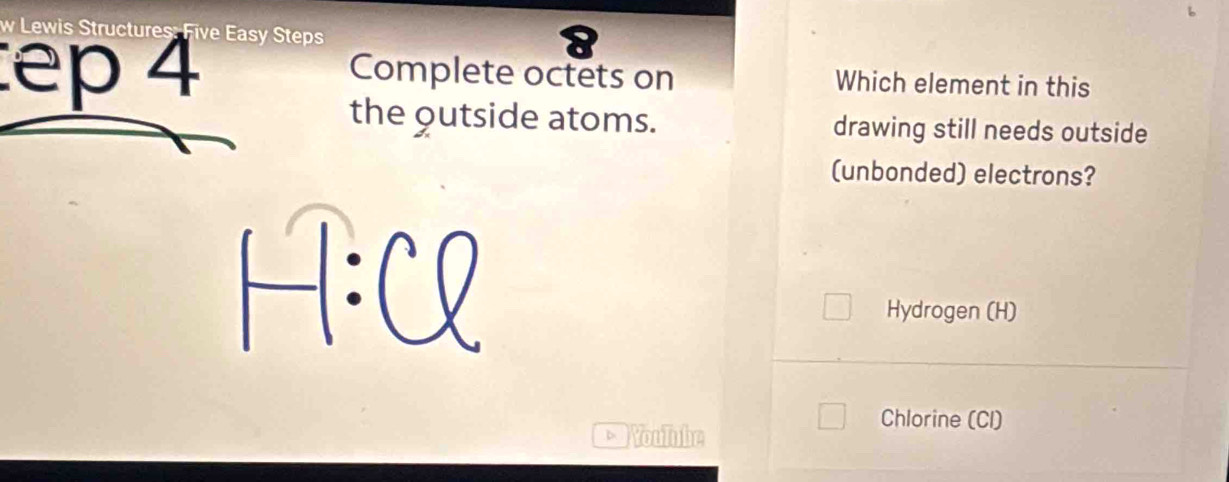 Lewis Structures: Five Easy Steps
ep 4 Complete octets on Which element in this
the outside atoms. drawing still needs outside
(unbonded) electrons?
Hydrogen (H)
Chlorine (CI)
* Youlube