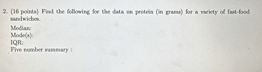 Find the following for the data on protein (in grams) for a variety of fast-food 
sandwiches. 
Median: 
Mode(s): 
IQR: 
Five number summary :