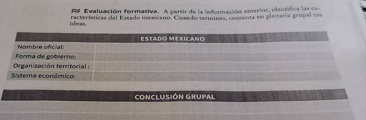 Evaluación formativa. A partir de la información anterior, identifica las ca- 
racterísticas del Estado mexicano. Cuando termines, comenta en plenaria grupal tus 
ideas. 
CONCLUSIÓN GRUPAL