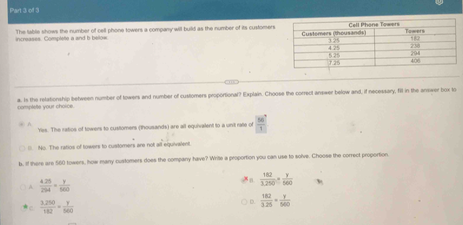 The table shows the number of cell phone towers a company will build as the number of its customers
increases. Complete a and b below. 
a. Is the relationship between number of towers and number of customers proportional? Explain. Choose the correct answer below and, if necessary, fill in the answer box to
complete your choice.
A
Yes. The ratios of towers to customers (thousands) are all equivalent to a unit rate of  56/1 
B. No. The ratios of towers to customers are not all equivalent
b. If there are 560 towers, how many customers does the company have? Write a proportion you can use to solve. Choose the correct proportion.
A  (4.25)/294 = y/560 
B.  182/3.250 = y/560 
c.  (3.250)/182 = y/560 
D.  182/3.25 = y/560 