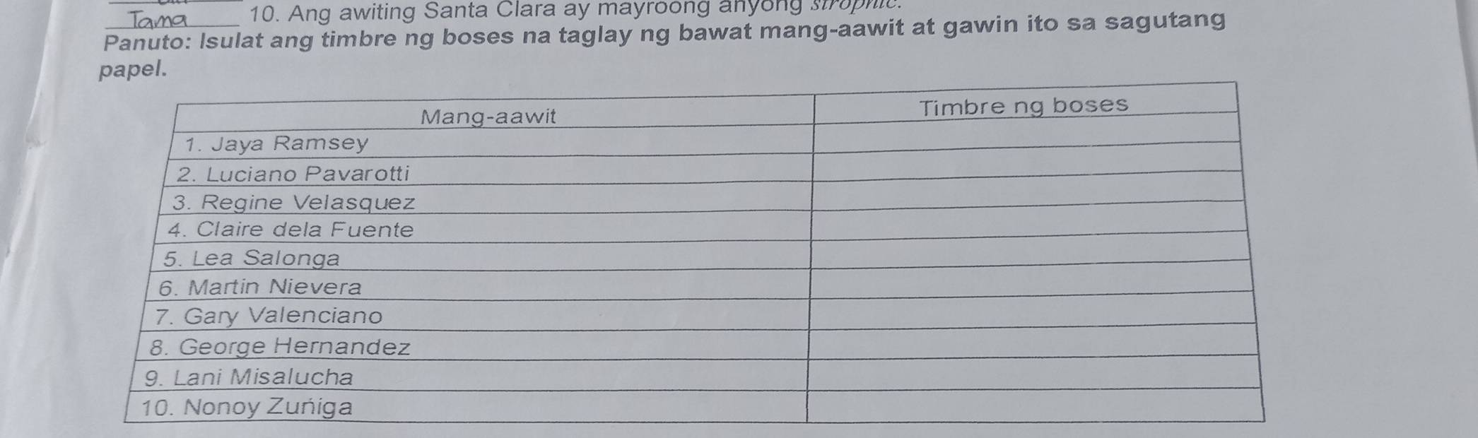 Ang awiting Santa Clara ay mayroong anyong strophic. 
Panuto: Isulat ang timbre ng boses na taglay ng bawat mang-aawit at gawin ito sa sagutang