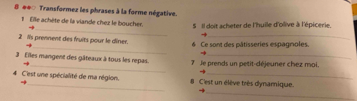 8 4 ** Transformez les phrases à la forme négative. 
_ 
1 Elle achète de la viande chez le boucher. 5 Il doit acheter de l'huile d'olive à l'épicerie. 
_ 
_ 
2 Ils prennent des fruits pour le dîner. 
6 Ce sont des pâtisseries espagnoles. 
_ 
3 Elles mangent des gâteaux à tous les repas. 7 Je prends un petit-déjeuner chez moi. 
4 C'est une spécialité de ma région. 8 C'est un élève très dynamique. 
_