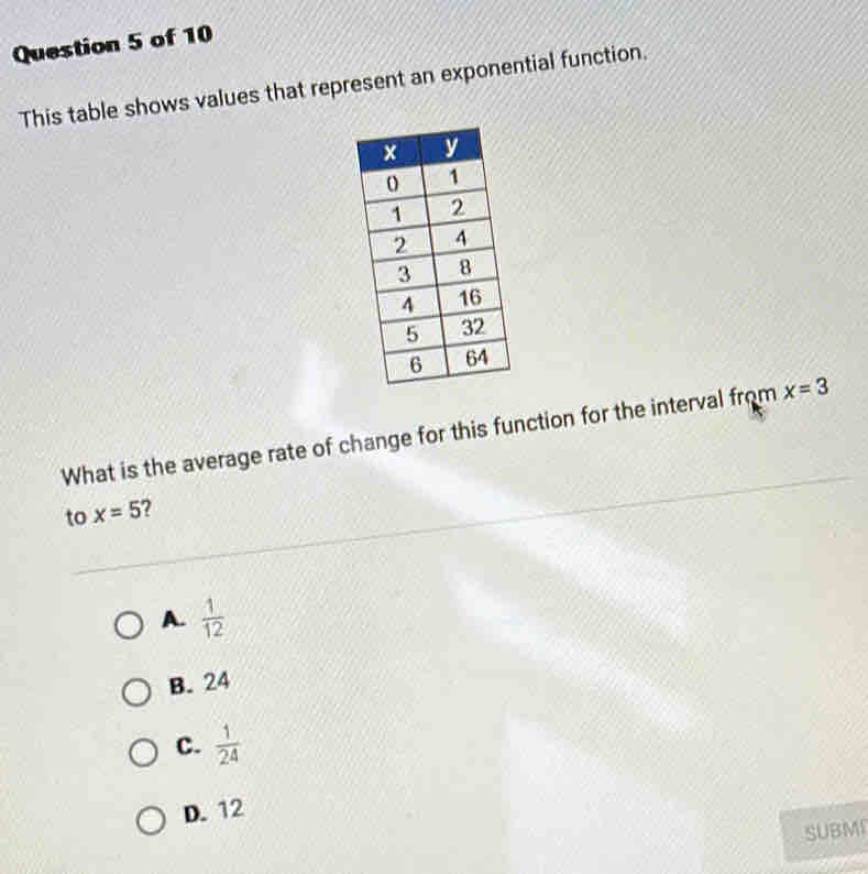 This table shows values that represent an exponential function.
What is the average rate of change for this function for the interval from x=3
to x=5 7
A.  1/12 
B. 24
C.  1/24 
D. 12
SUBM