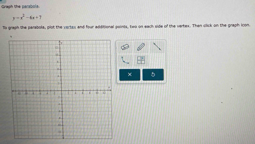 Graph the parabola.
y=x^2-6x+7
To graph the parabola, plot the vertex and four additional points, two on each side of the vertex. Then click on the graph icon. 
× 5