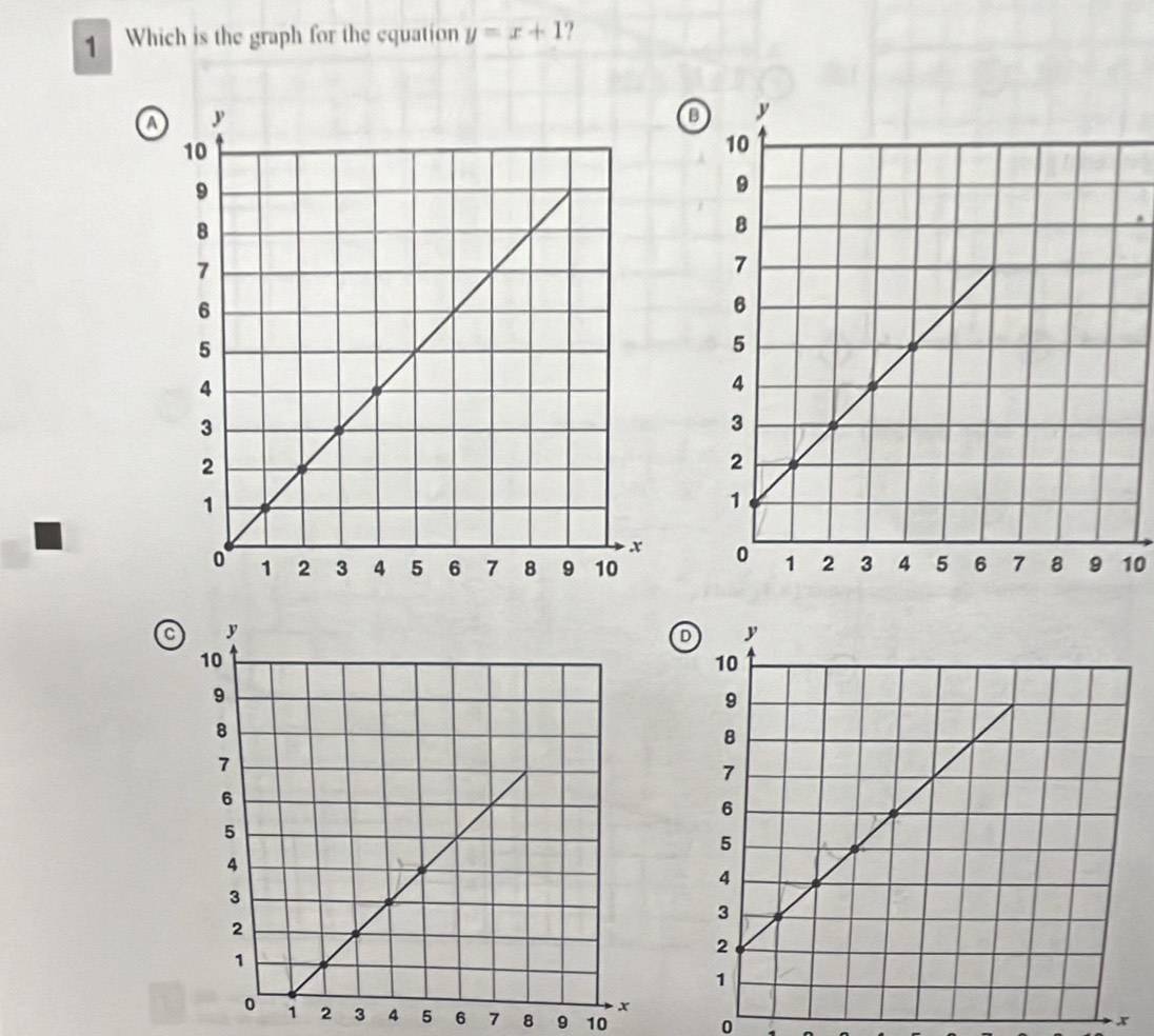 Which is the graph for the equation y=x+1 ? 
o
10
D
2 3 4 5 6 7 8 9 10 o x