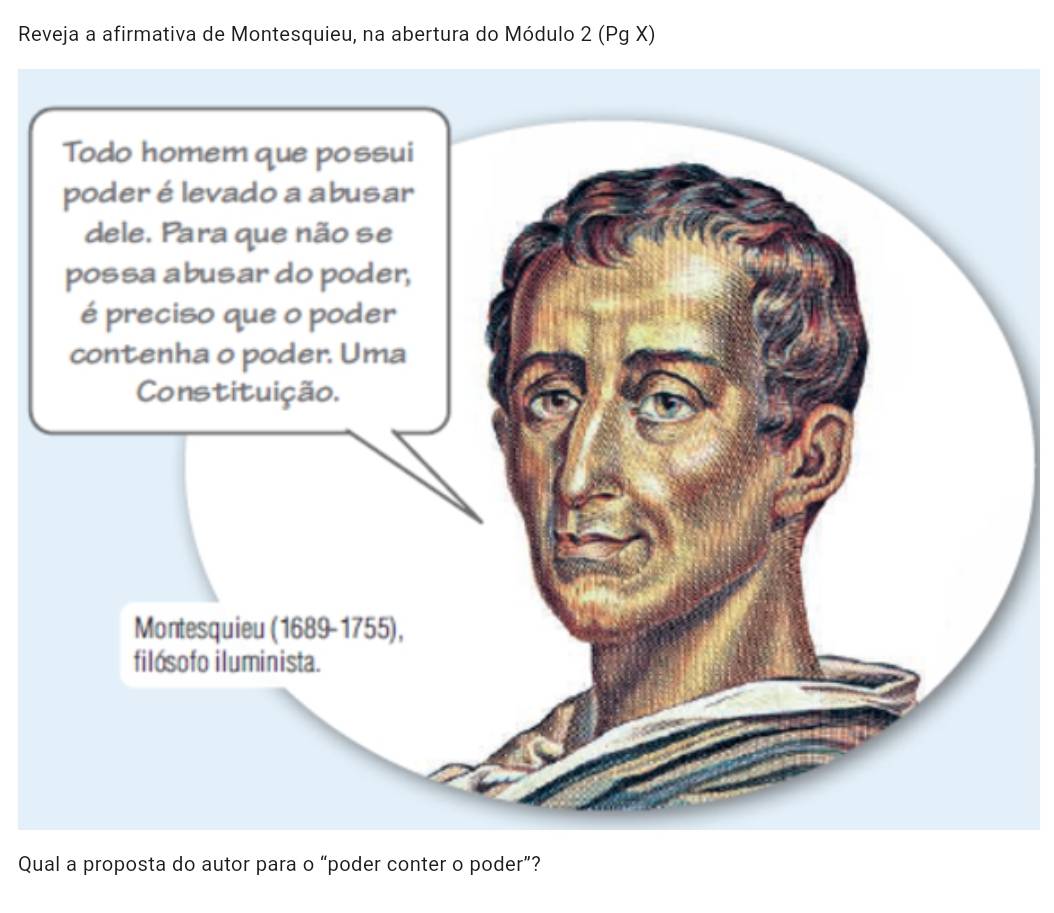 Reveja a afirmativa de Montesquieu, na abertura do Módulo 2 (Pg X) 
Qual a proposta do autor para o “poder conter o poder”?