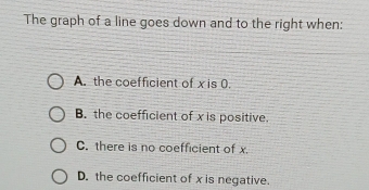 The graph of a line goes down and to the right when:
A. the coefficient of x is 0.
B. the coefficient of x is positive.
C. there is no coefficient of x.
D. the coefficient of x is negative.