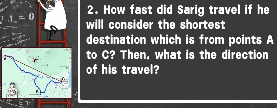 How fast did Sarig travel if he
J· J_tot=0
will consider the shortest 
destination which is from points A
to C? Then, what is the direction 
of his travel?