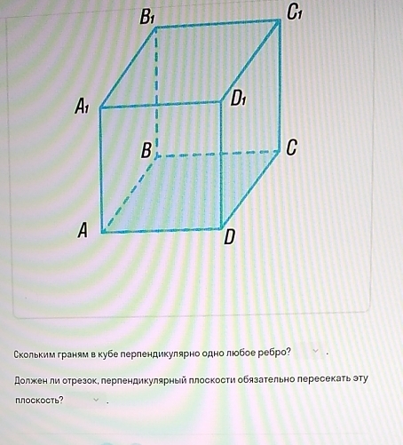 Скольким гранямв кубе перлендикулярно одно люобое ребро?
Аолжκен ли отрезок, перлендикулярный πлоскости обязательно пересекать эту
плоскость?