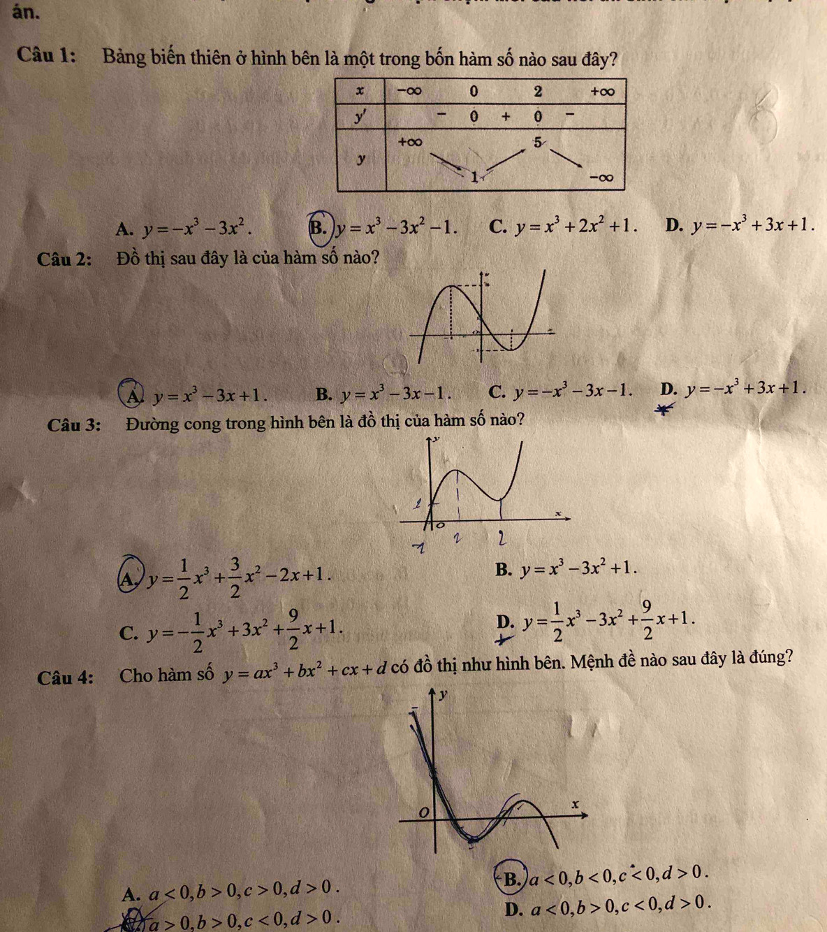 án.
Câu 1: Bảng biến thiên ở hình bên là một trong bốn hàm số nào sau đây?
A. y=-x^3-3x^2. B. y=x^3-3x^2-1. C. y=x^3+2x^2+1. D. y=-x^3+3x+1. 
Câu 2: Đồ thị sau đây là của hàm số nào?
A y=x^3-3x+1. B. y=x^3-3x-1. C. y=-x^3-3x-1. D. y=-x^3+3x+1. 
Câu 3: Đường cong trong hình bên là đồ thị của hàm số nào?
A y= 1/2 x^3+ 3/2 x^2-2x+1.
B. y=x^3-3x^2+1.
C. y=- 1/2 x^3+3x^2+ 9/2 x+1.
D. y= 1/2 x^3-3x^2+ 9/2 x+1. 
Câu 4: Cho hàm số y=ax^3+bx^2+cx+d có đồ thị như hình bên. Mệnh đề nào sau đây là đúng?
A. a<0</tex>, b>0, c>0, d>0.
B. a<0</tex>, b<0</tex>, c<0</tex>, d>0.
a>0, b>0, c<0</tex>, d>0.
D. a<0</tex>, b>0, c<0</tex>, d>0.