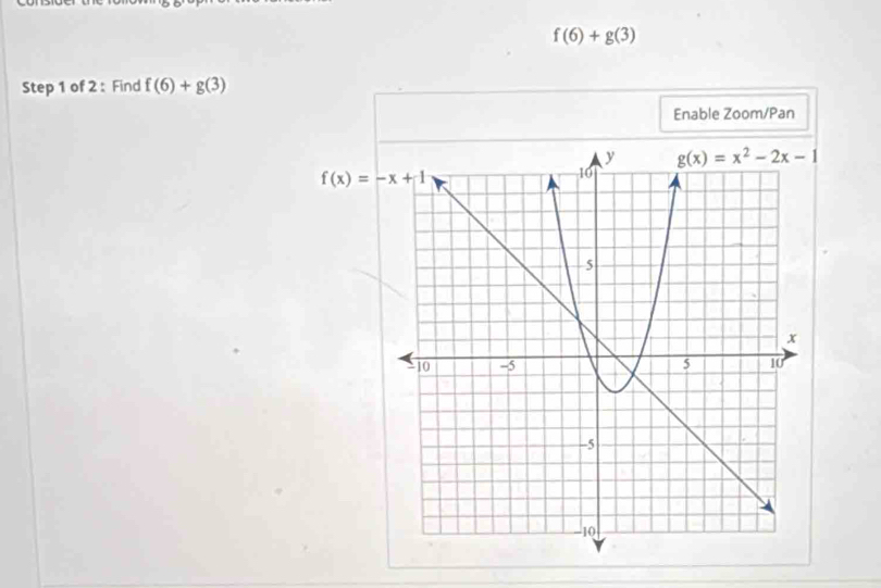 f(6)+g(3)
Step 1 of 2: Find f(6)+g(3)
Enable Zoom/Pan